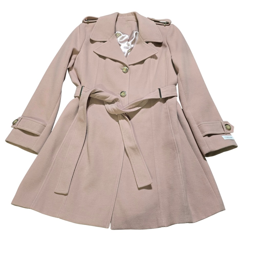 Calvin Klein Trench Coat Women XL Pink Belted Button Front Epaulettes Mid Length